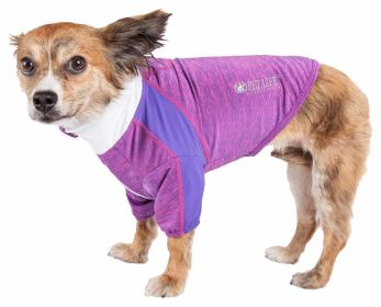 Pet Life Active 'Chewitt Wagassy' 4-Way Stretch Performance Long Sleeve Dog T-Shirt (Color: Purple, size: large)